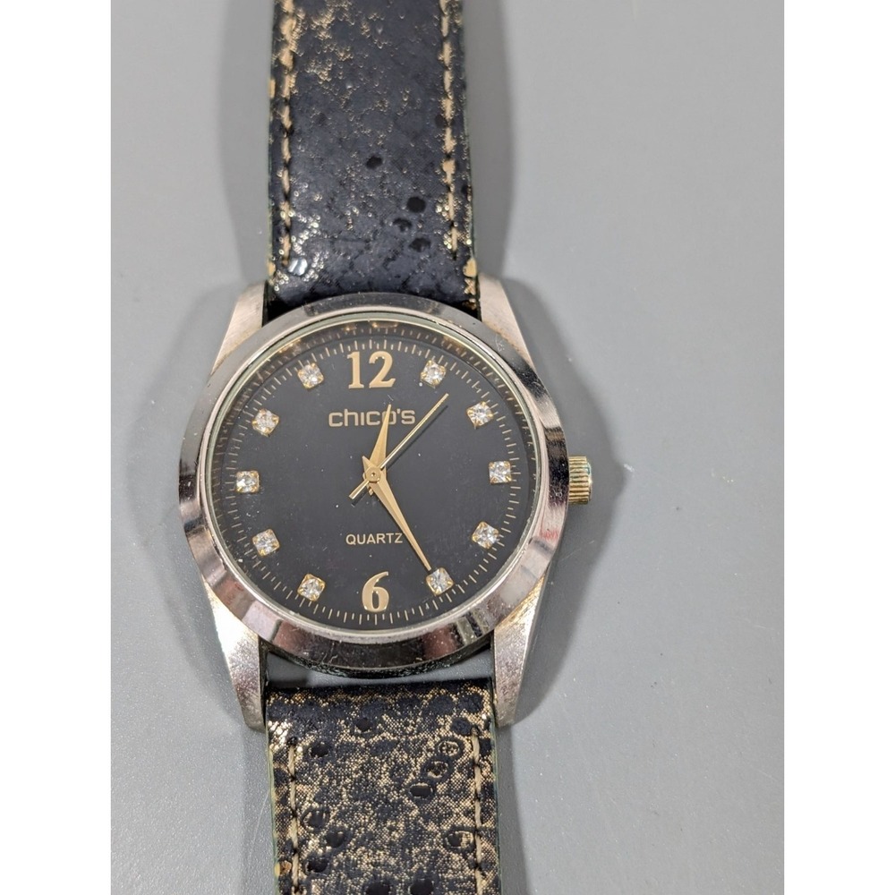 Chicos Quartz Watch With Black Dial & Gold Accents Faux Leather Strap With Gold